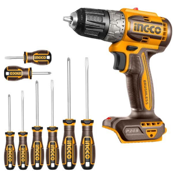 Ingco - Li-Ion Cordless Drill (20V) Unit Only with Screwdriver Set - 8 pce