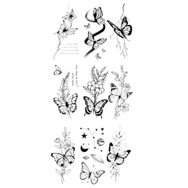 9 Piece - Blooming Butterfly Temporary Tattoo - Black