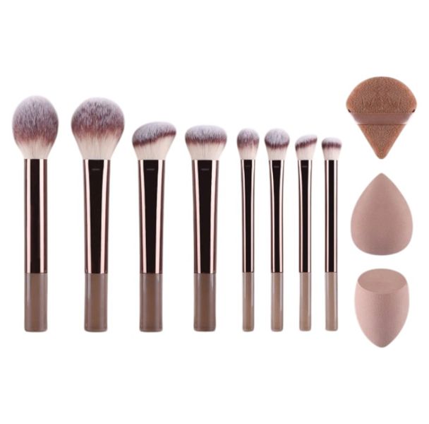 11-Piece Essential Makeup Brush and Beauty Blender Set - Coffee Brown