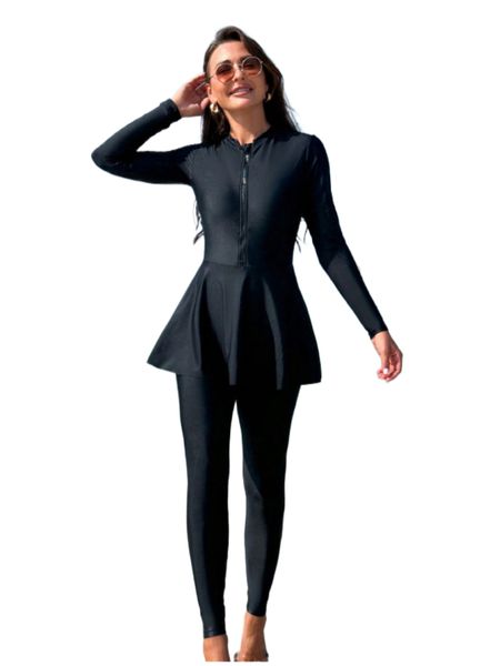 Women's Swimsuit Set, Solid Color, Long-sleeved and Long-legged - 2-Piece