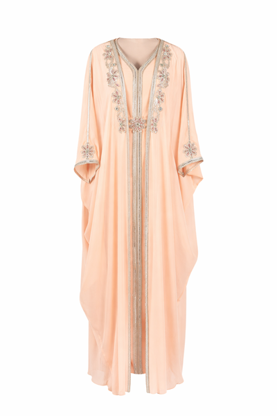 Formal Abaya Set with Removable Belt and Sheer Cloak - Light Pink - 2-Piece