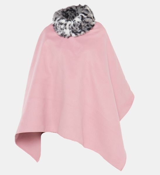 PonchoSA Pink Lopsided Poncho with Fur Rolled Collar