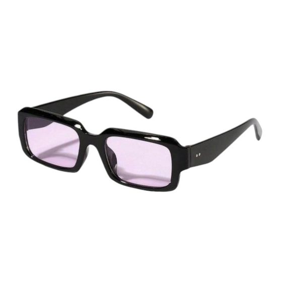 Y2K Retro Rectangle Frame Sunglasses With Tinted Purple Lenses - Black