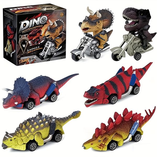 6 Pack Dinosaur Pull Back Cars for Toddlers. 4 Cars 2 Motorcycle Toys