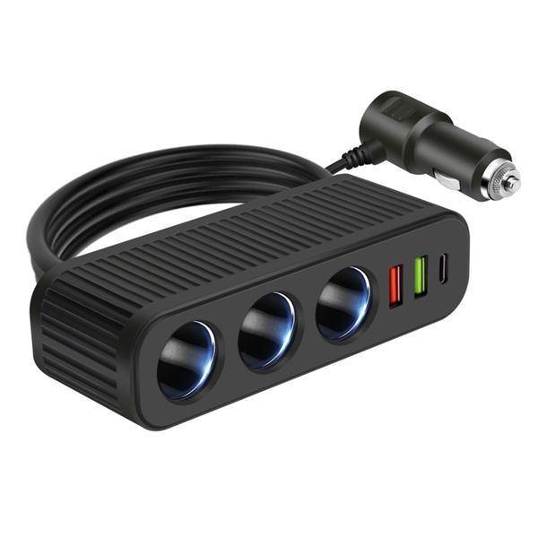 6-in-1 12-24V 3-Socket Car Cigarette Lighter Splitter Quick Charge Power