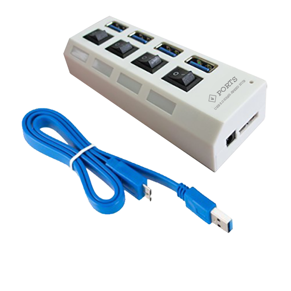 USB 3.0 High-Speed 4 Port Hub With Individual Switches - White
