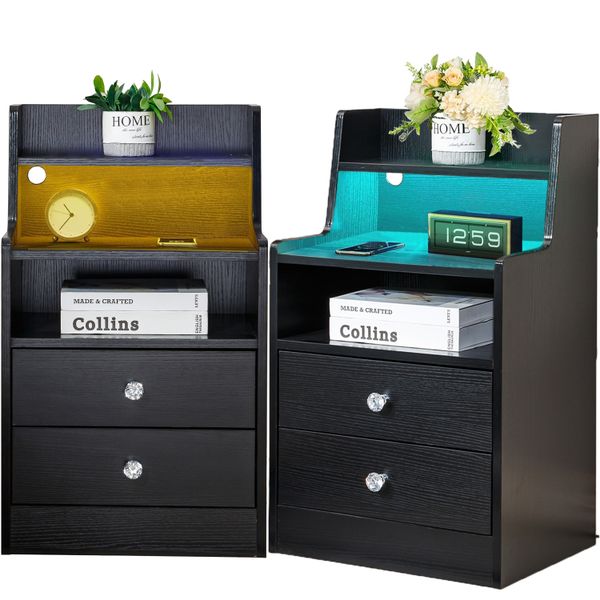 2 Piece Nightstand Side End Table LED Bedside Table Drawer Storage Shelf