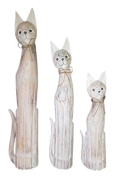 Bali Wooden White Wash - Handcrafted Set of 3 Cats - Size 1 Meter