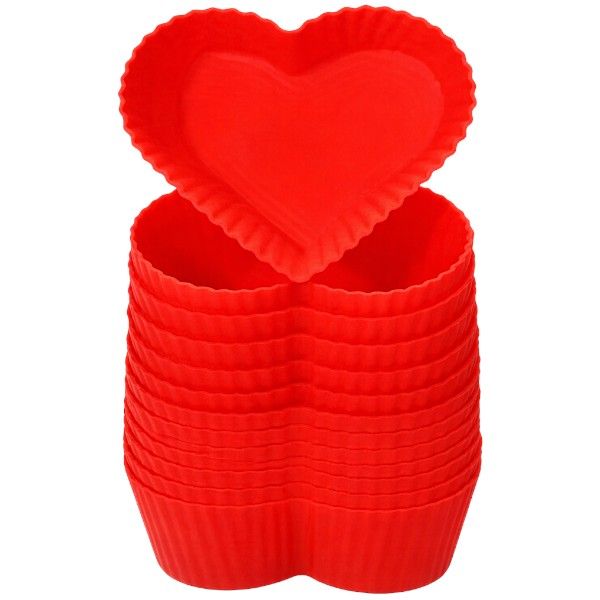 12 Piece -Heart Shaped Silicone Cupcake &amp; Muffin Liners - Red