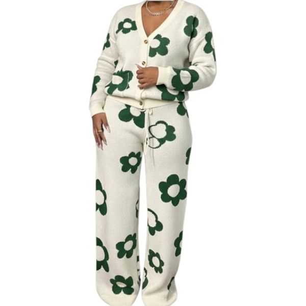 Two Piece Floral Open Placket Jacket &amp; Wide Leg Pants Multicolor