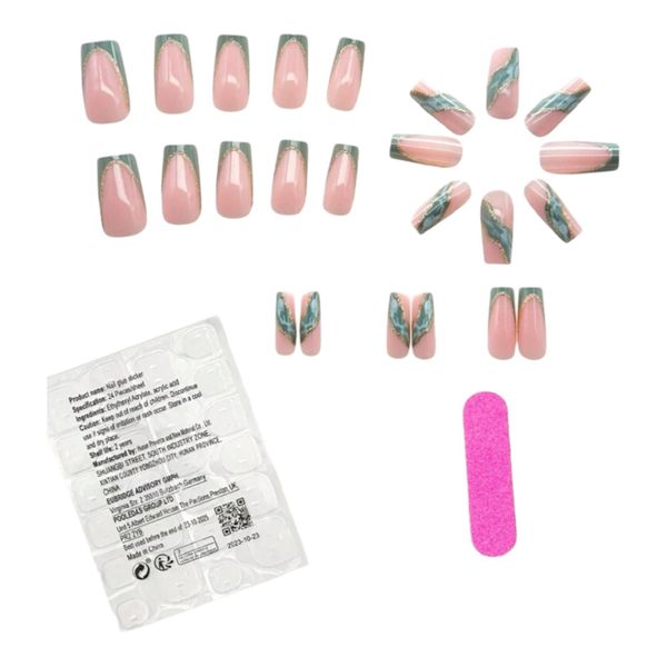 24pcs Medium Square Simple Ink Green French Gold Line Press-on Nails