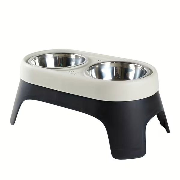 Double Bowl Stainless Steel Pet Feeder, Anti-Spill Design, Black/Beige
