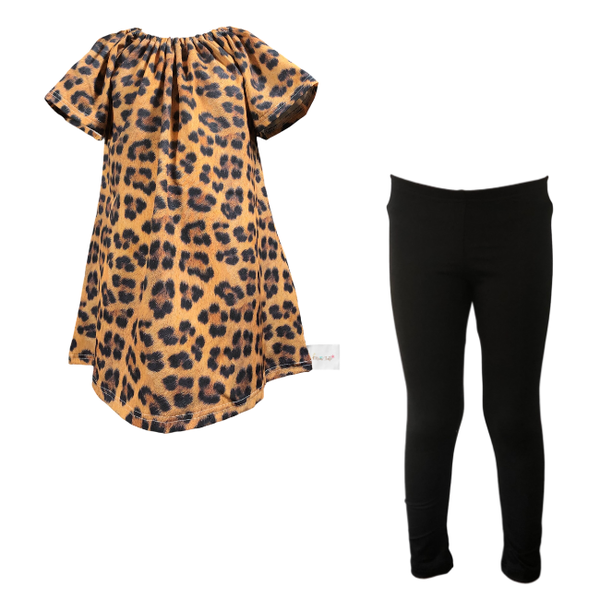 Kids- Girls Gathered Peasant Neck-Top &amp; Capri Legging - Leopard Print