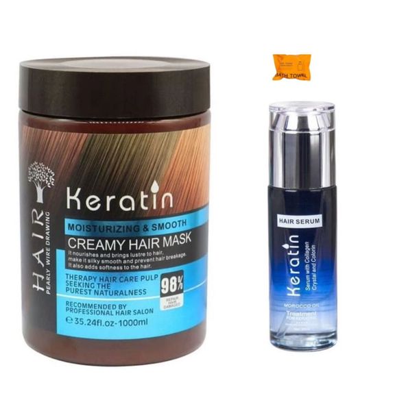 Keratin Creamy Hair Mask &amp; Keratin Hair Serum &amp; Compressed Towel