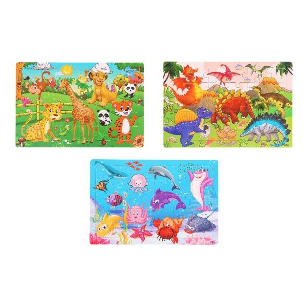 Set of 3 Wooden Jigsaw Puzzles With 3 Engaging Themes - Multicolour