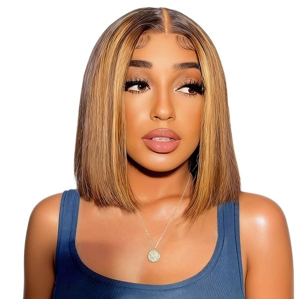 Black In Piano Highlight Straight Wig Glueless Full Frontal Short Wig 10