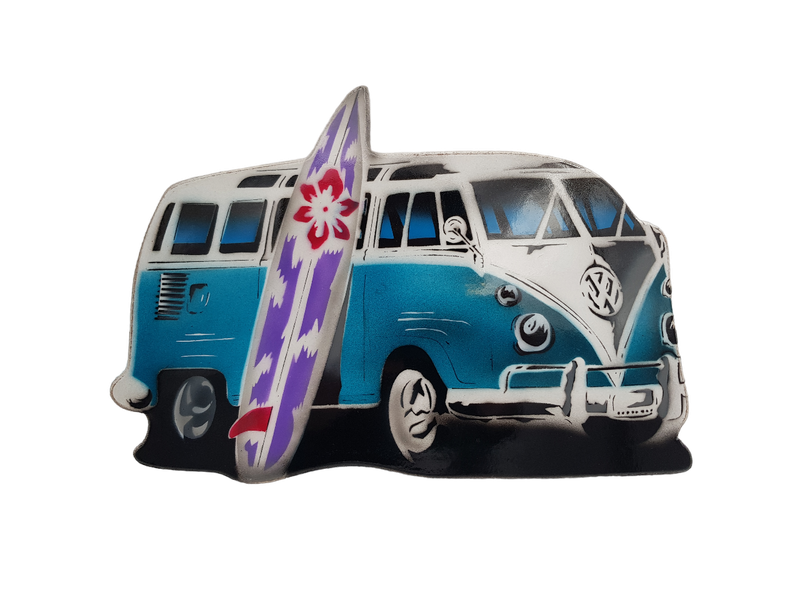 Wooden Cutout Blue Kombi with Surfboard Sign - 30cm