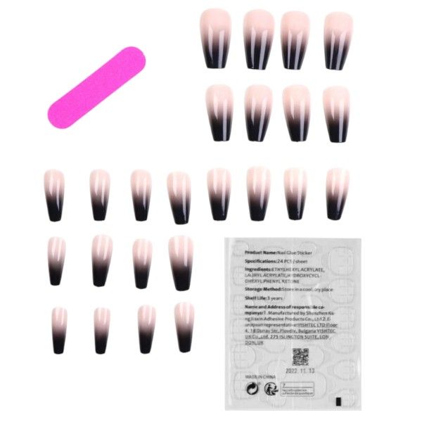 24 Piece - Coffin-Shaped Ombre Nails - Black, Pink