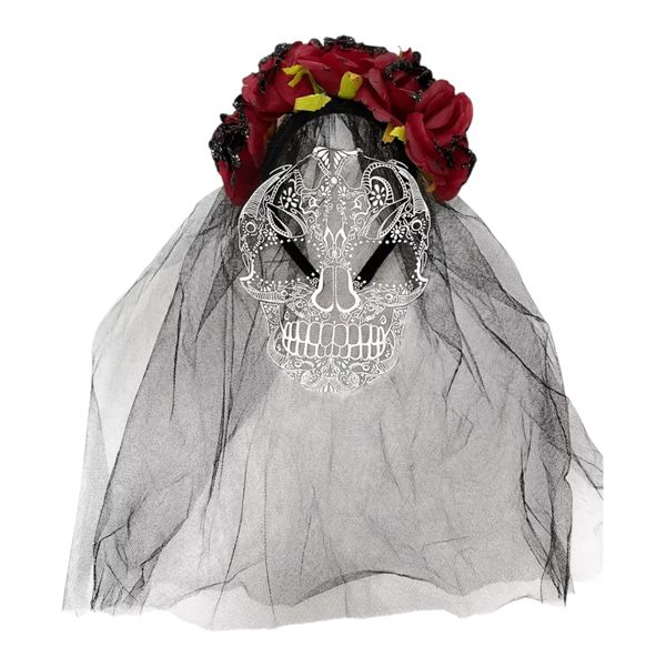 Day of the Dead Skull Headband With Printed Veil