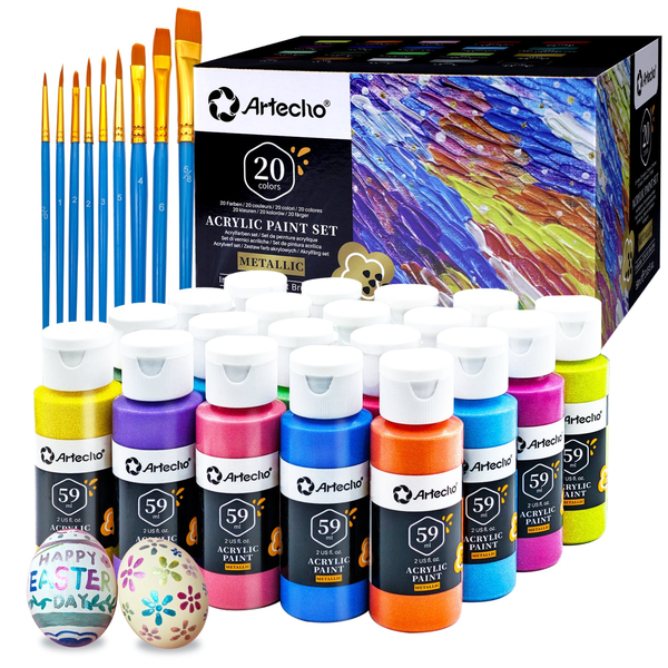 Artecho 20 Metallic Colours Acrylic Paint Set &amp; 10pc Paint Brush Set