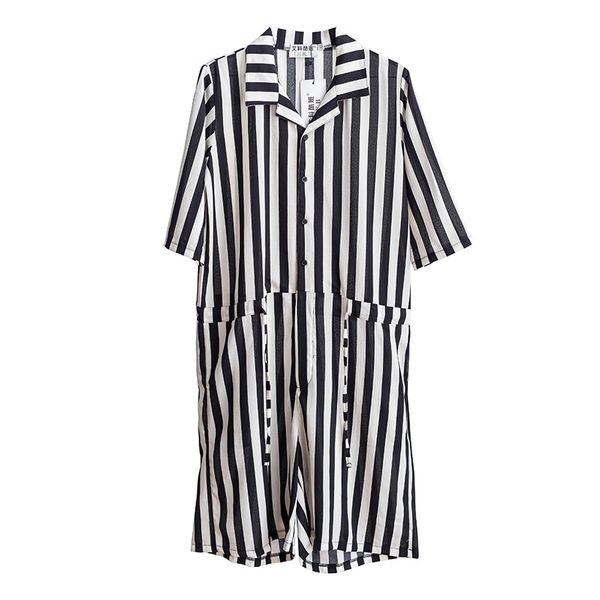 Men's Retro Loose Vertical Striped Short-Sleeved Shorts One-Piece Overalls