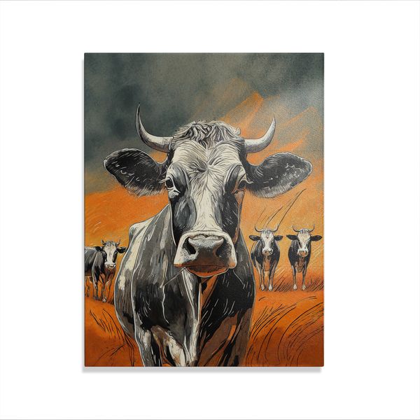 Canvas Wall Art - Cows in an Orange Field 2