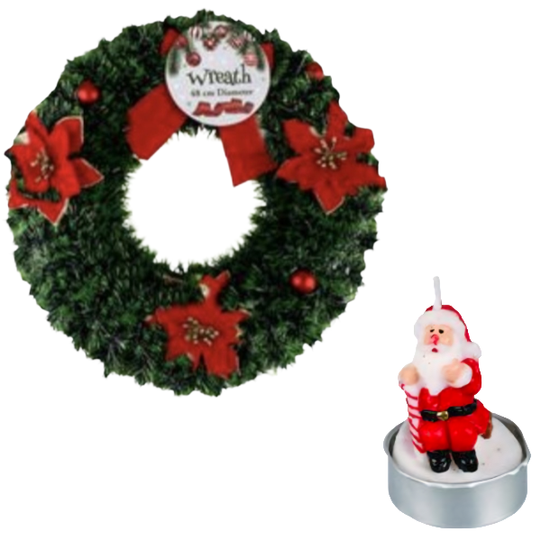 48cm Christmas Wreath with Santa Candle - Festive Door &amp; Table Dècor Set