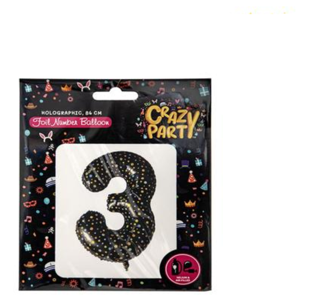 Crazy Party - Holographic Foil Helium Balloon 86cm "3" x 2