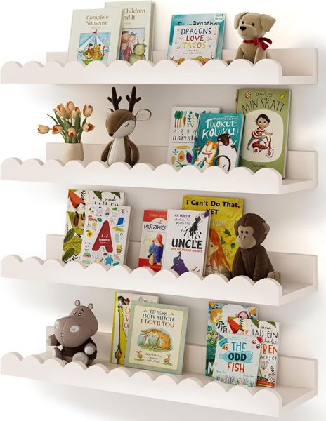 4 Pack Nursery Book Shelves, White Floating Shelves for Wall Kids