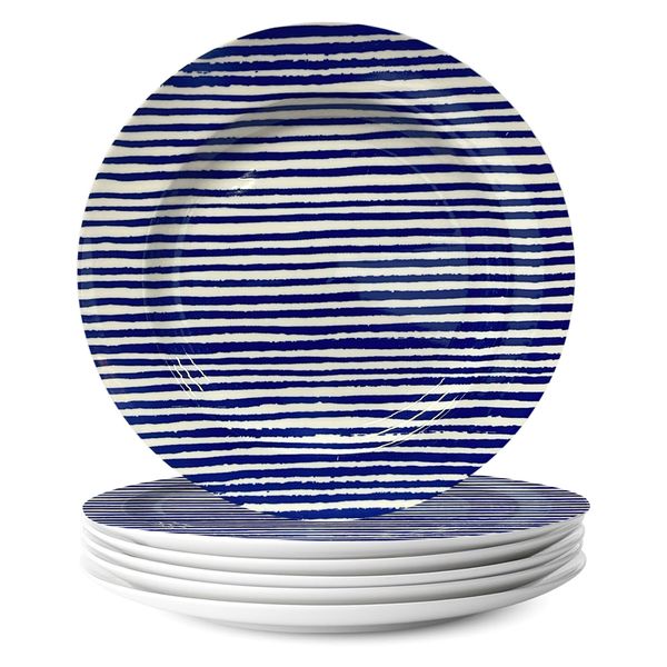 Navy Blue Stripe Glazed Unique Dinnerware Plate - 26cm - 6 Piece Set
