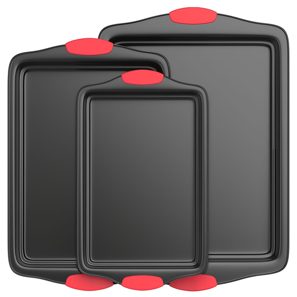 Baking tray set, 3-piece non-stick kitchen oven with silicone handles.