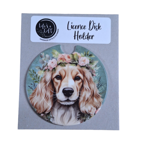 Dog & Flowers Licence Disk Holder - Fluffy Cocker-Spaniel Image