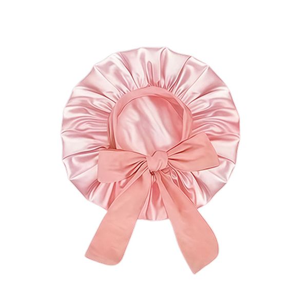 Pink Satin Sleep Cap with Drawstring - Soft Hair Protection for Curly