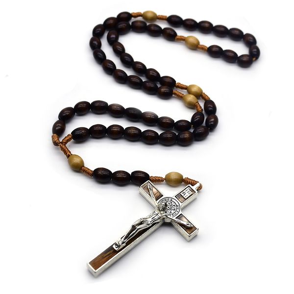 IPSTYLE Cross Necklace Wood Beads Rope Rosary Cross Necklace For Men Women