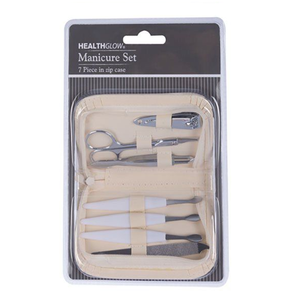 Nail Manicure Set Zip Case Stainless Steel Silver 7 Piece Tan
