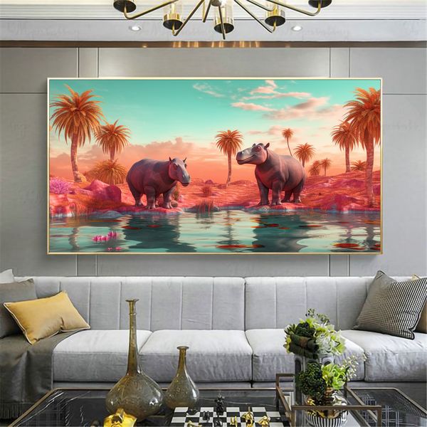 Canvas Wall Artwork - Hippo Oasis Abstract - 0646