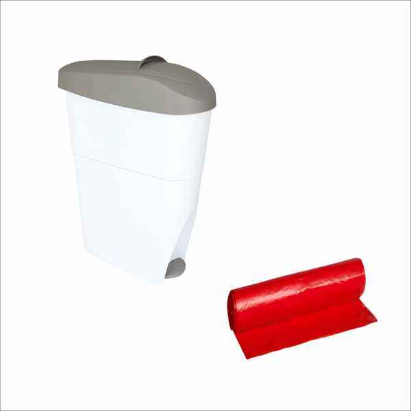 White &amp; Grey 18L Foot Pedal Sanitary She Bin + 125 Red Liners