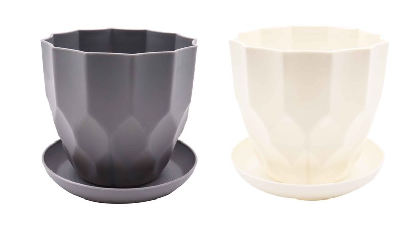 Plastic Twelve Polygon Flower Pot Plant Holder With Tray (Set of 2)