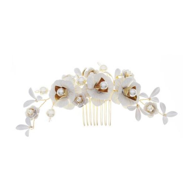 Olive Tree-Faux Pearl and Metal Flower Leaf Hair Comb 01-Bridal/Formal