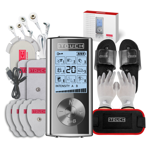 INFINITY Combo TENS Unit with 3 Accessories - Slippers, Belt, and Gloves