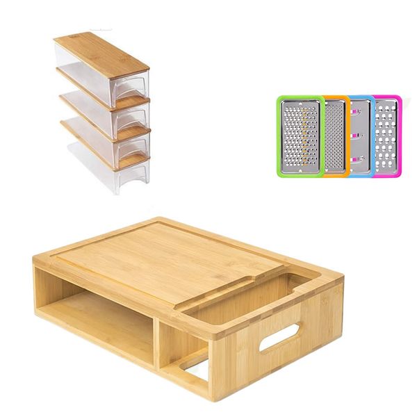 Bamboo Cutting Board with 4 Graters, 4 Containers, and Lids Set IL-32