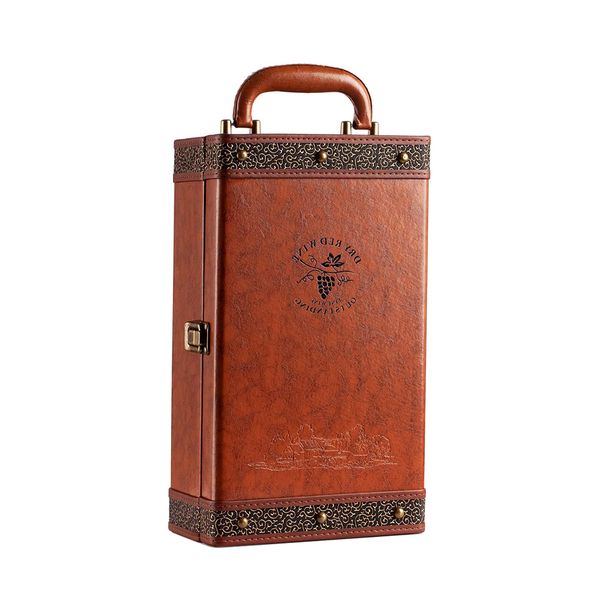 Wine Gift Box, 2 Bottle Leatherette Top Handle with 4 Wine Accessories