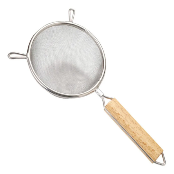 Wooden Handle Stainless Steel Strainer - Silver
