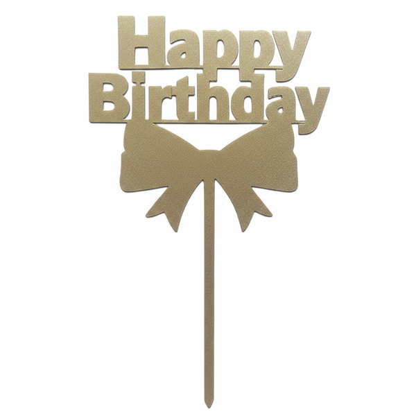 Happy Birthday Cake Topper - Elegant Bow Design - 12cm Wide (Gold)