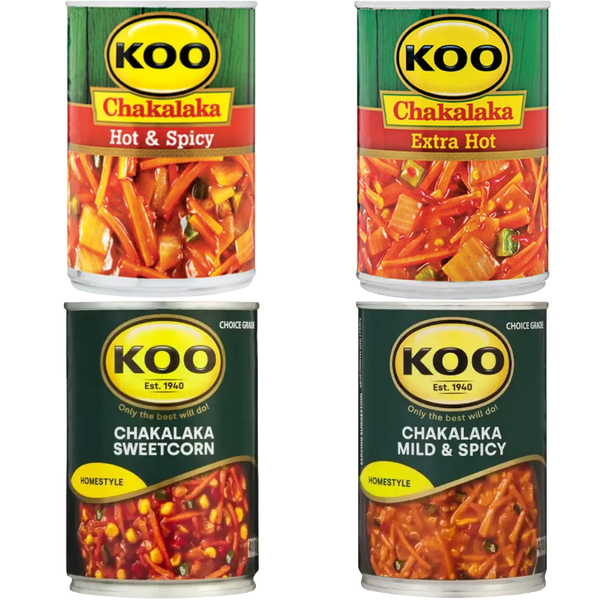 Koo Chakalaka Variety Pack -Hot &amp; Spicy+Mild &amp; Spicy+Extra Hot + Sweetcorn