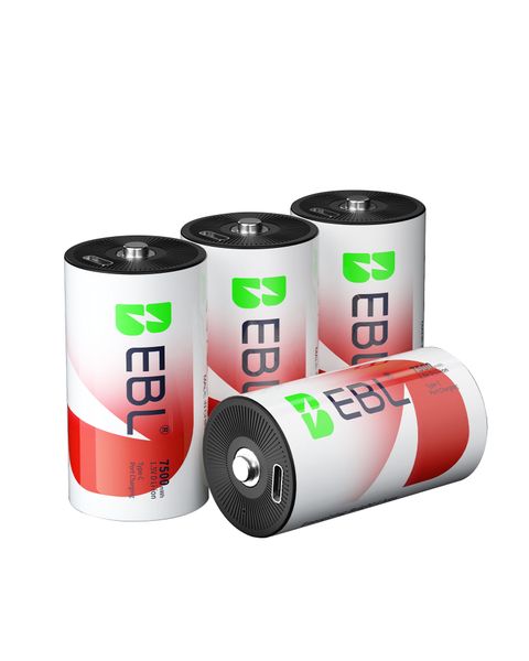EBL Rechargeable D Batteries Lithium with 7500mWh 1.5V 2 USB-C Charge Cable
