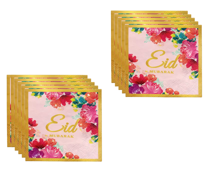 2PK Eid Mubarak Pink and Gold Table Serviettes Floral Rose Design
