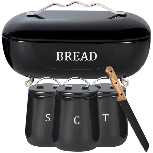 European Style Metal Large Bread Box, Canister, with Bread Knife Set
