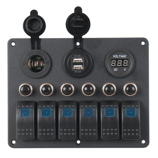 6-Gang Marine Switch Panel with USB, Voltmeter, and 12V Output