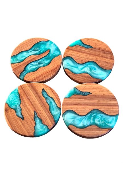 Wooden Coasters With Blue Resin Inlay Set of 4